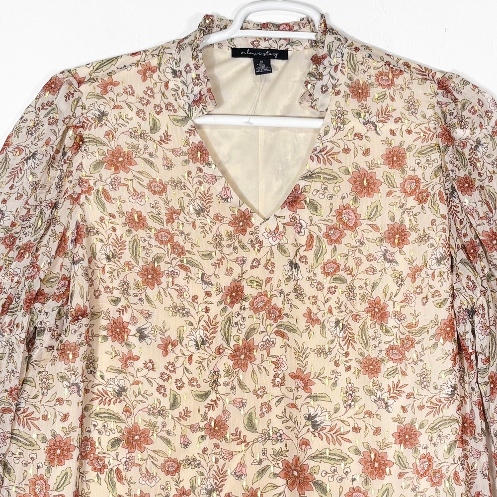 Floral‎ Metallic Chiffon V-Neck Romantic Blouse 1X Plus Renaissance A Love Story